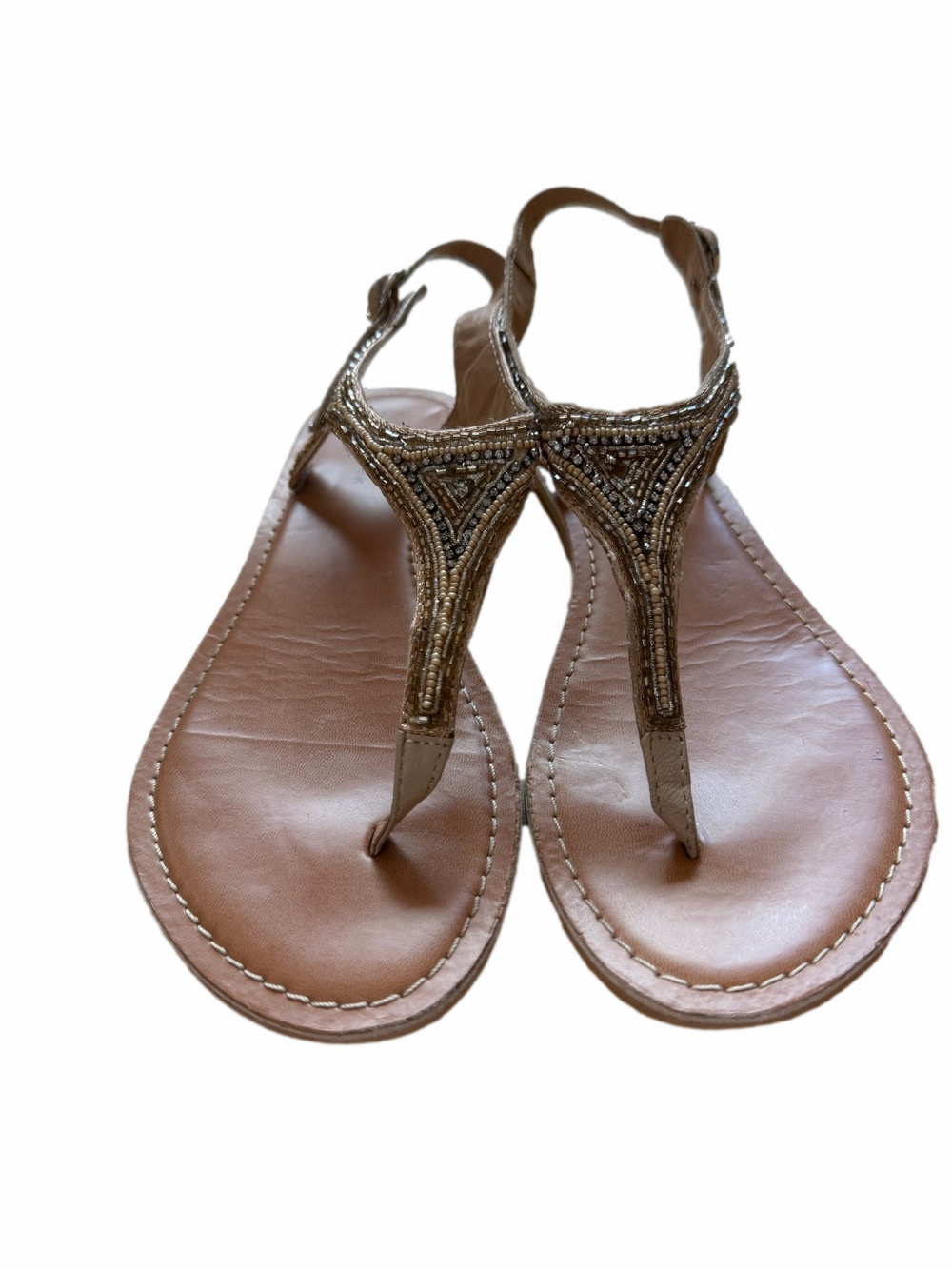 New Look Beaded T-Strap Women's Sandals in Tan